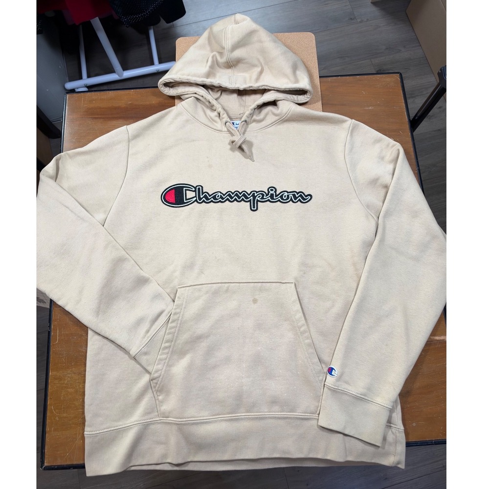Champion Hoodie Mens Large Tan Good Embroidered Script Logo Pullover Sweatshirt